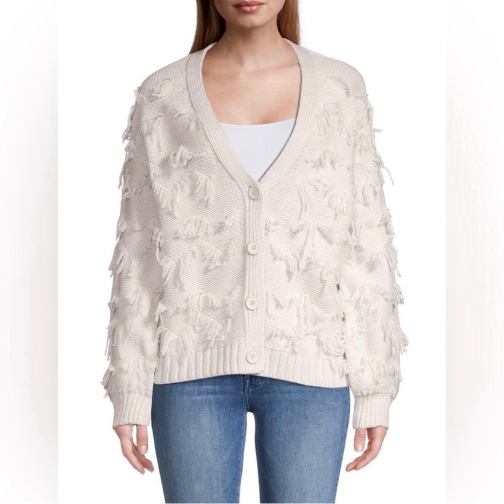 NWT 525 America Sweaters Fringe V Neck button front cream Cardigan Medium - Picture 4 of 12